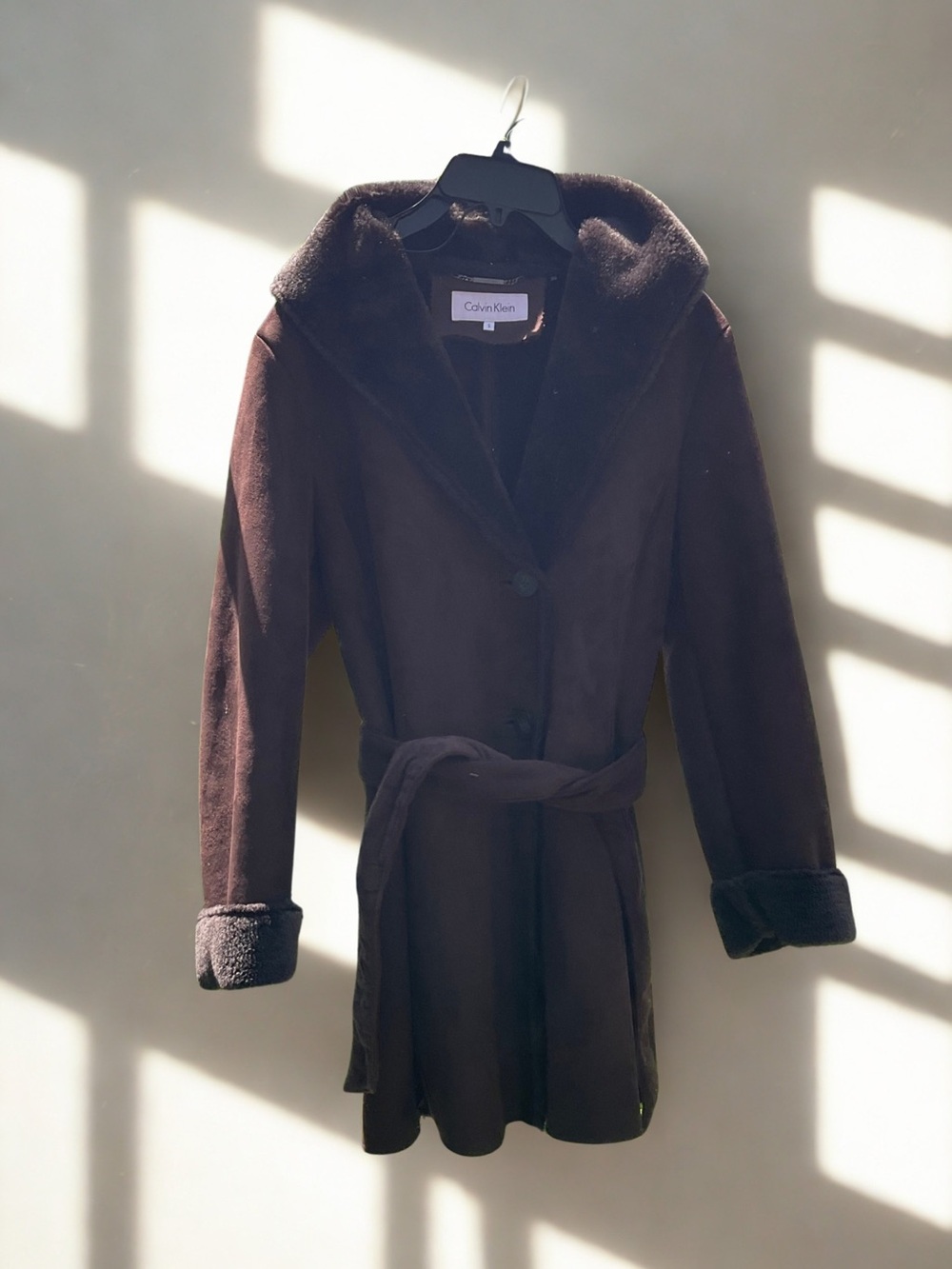 Calvin Klein Dark Brown Faux Shearling Belted Trench Coat